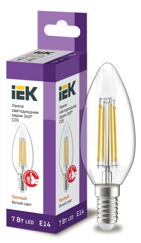 Лампа светодиодная C35 свеча прозрачная 7Вт 230В 3000К E14 серия 360° | код LLF-C35-7-230-30-E14-CL | IEK